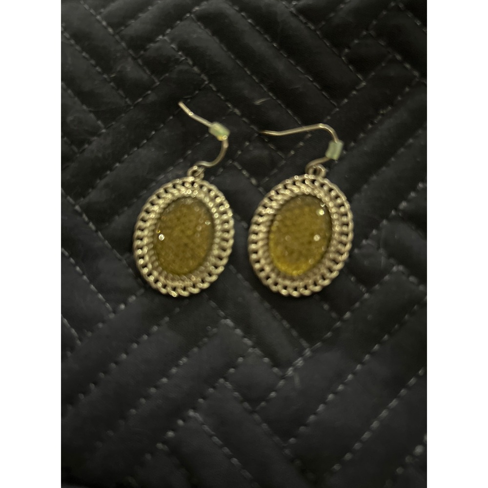 Oval Drop Earrings Gold Tone‎ Olive Green Textured Cabochon Statement